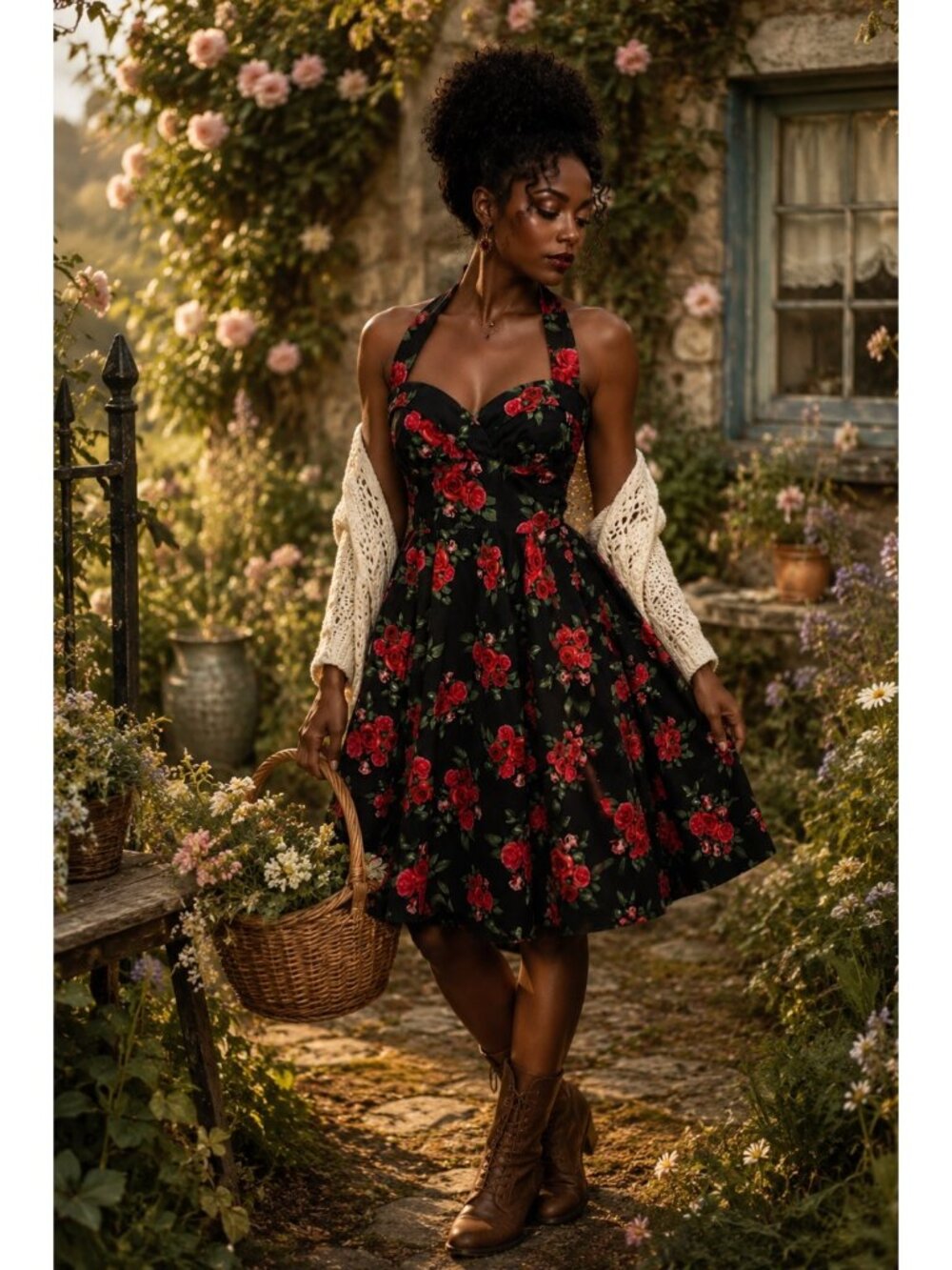 Hell Bunny Vixen Black Red Rose Floral Halter Dress Large Rockabilly Pinup